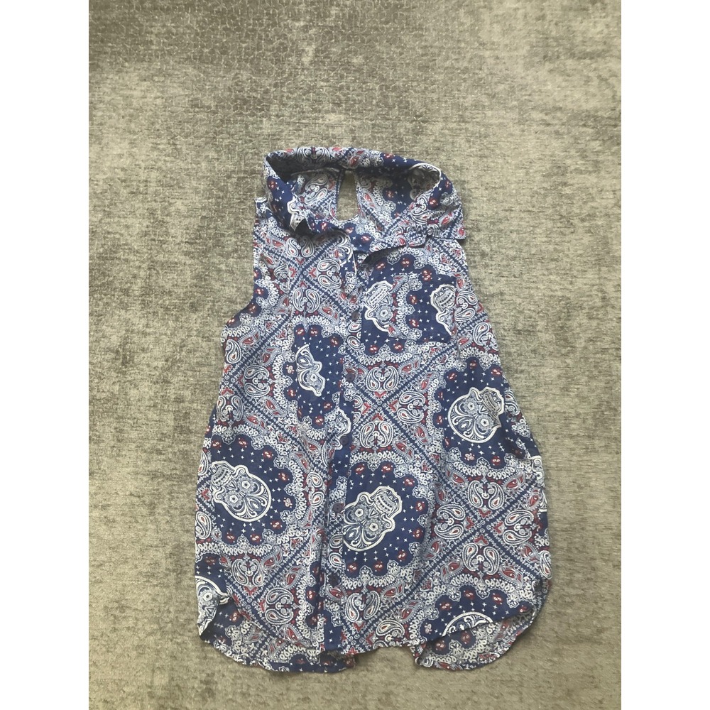 No Boundaries Blouse Top Womens Medium 7/9 Blue Paisley Sleeveless Button Up